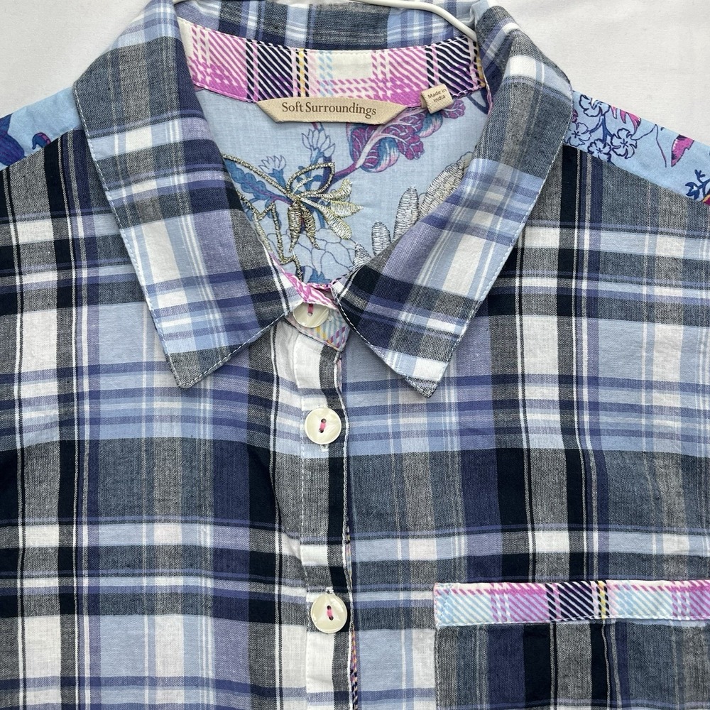 Soft Surroundings Women's Plaid Embroidered Floral Button Tunic Top Boho Sz M